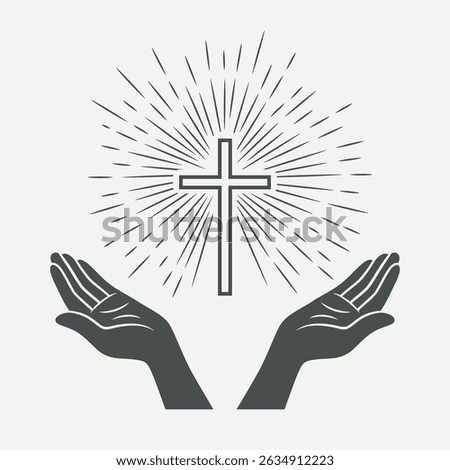 Black and White Open Hands with Cross and Divine Light, Symbol of Faith and Prayer. Design Template for Church Logo. Prayer, Religion Concept Monochrome Cut Out Silhouette Icon. Vector Illustration