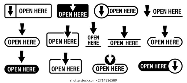 Black and white open here arrow labels in minimal style. Clear directional shapes improve visual navigation