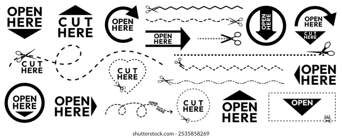 Black and white open here and cut here icons with scissors and dashed lines, indicating where to cut or open a package