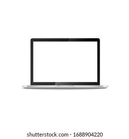 Black and white open laptop with blank screen, realistic modern computer mockup for graphic design or advertisement, vector illustration isolated on white background