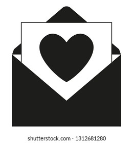 Black and white open love message. Envelope with heart greeting card. St Valentine day themed vector illustration for icon, stamp, label, badge, certificate, poster or banner decoration
