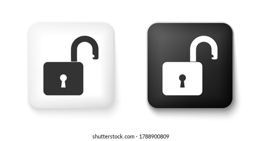 Black and white Open padlock icon isolated on white background. Opened lock sign. Cyber security concept. Digital data protection. Safety safety. Square button. Vector.