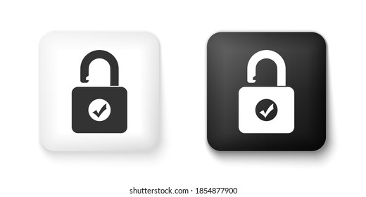 Schwarz-Weiß-Padlock-Symbol einzeln auf weißem Hintergrund. Geöffnetes Sperrzeichen. Cybersicherheitskonzept. Digitaler Datenschutz. Sicherheit. Knopf Quadrat. Vektorgrafik.