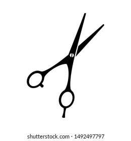 Black and white open scissors silhouette. Beauty salon tool. Hairdresser equipment illustration for icon, stamp, label, certificate, brochure, leaflet, poster, coupon or banner decoration