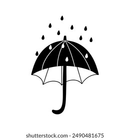 Black and white open umbrella with raindrops. Protection concept. Autumn illustration. Vector. 