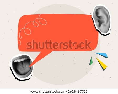 Black and white opened mouth, empty red speech bubble and ear. Modern photo collage style. Vector illustration