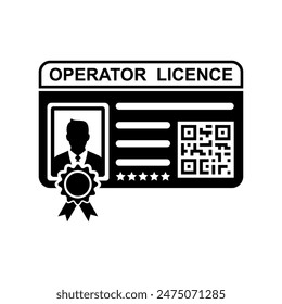 Icono y símbolo de Licencia de operador en blanco y negro. Tarjeta de persona autorizada para la ilustración del equipo operativo. Fotografía de medio cuerpo, código de barras e identidad personal.