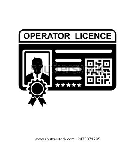 Black and white operator license icon and symbol. Card of authorized person for operating equipment illustration. Half body photo, barcode, and personal identity.