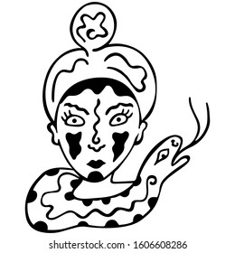 Black and white Ophiuchus. The head of a man with a snake on his neck. Ornamental magical indian maya. The thirteenth zodiac sign. Ethnic coloring book and tattoo. Vector.