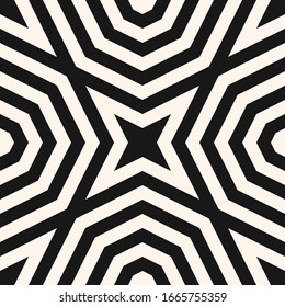 Black and white optical art texture. Vector monochrome geometric seamless pattern with concentric shapes, stripes, lines, stars, octagons. Creative psychedelic design. Modernist style background