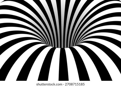 Black white optical background with striped tunnel forming deep curved hole. Converging lines create dynamic illusion with smooth shading and strong contrast. Abstract geometric vector illustration.