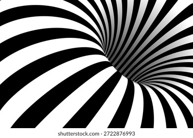 Fundo óptico branco preto com túnel listrado formando buraco curvo profundo. Linhas convergentes criam ilusão dinâmica com sombreamento suave e contraste intenso. Ilustração vetorial geométrica abstrata.