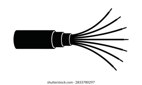 Black and white optical fiber cable vector graphic design element showing internal layers and branching data transmission lines on transparent background