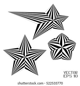 Black and White Optical Illusion. Abstract Geometric Stars with Stripes. Wicker Structural Texture. Vector Illustration