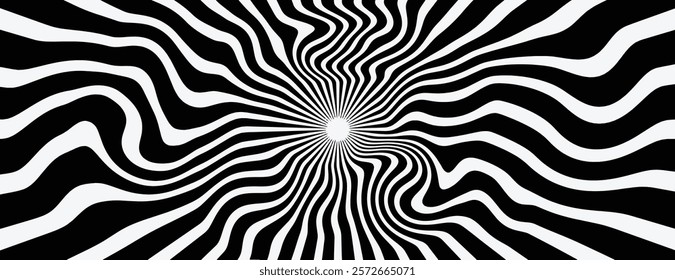 Black and white optical illusion background with wavy lines. The background creates a hypnotic effect with black and white contrast. Psychedelic pattern background vector. Black background.