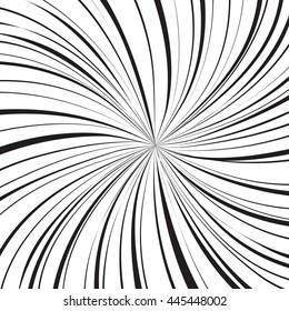 Black and white optical illusion burst background. Halftone effect. Abstract radial, convergent lines. Explosion, radiation,  twist, visual, effect. Sun or star rays for Comic Books in pop art style.