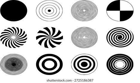 Black and White Optical Illusion Icon Set, Abstract Hypnotic Circle Patterns, Psychedelic Swirl and Spiral Graphic Elements, Geometric Concentric Ring Illustrations, Vector Zen and Meditation Symbols