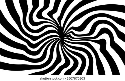 Black and white optical illusion pattern with wavy, undulating lines creating a dynamic, flowing effect that appears to distort the surface. Vector op-art illustration.