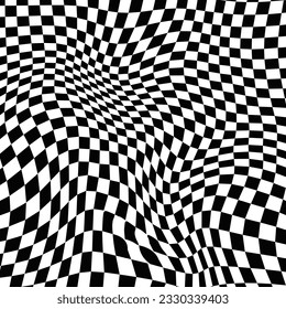Black and white optical illusion psychedelic chess board pattern background. Checkered structure vector illustration. svg