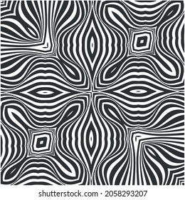 Schwarz-Weiß-optische Täuschungsstreifen. einfarbiger Illusionshintergrund. Abstrakter Schwirbel verzerrt Hintergrund. Geometrisches Ziegelblatt Vektor-Kunst Illustration.