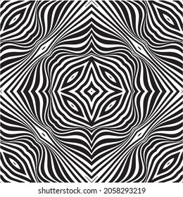 Black and white Optical illusion strip. monochrome illusion background. Abstract swirls distortion backdrop. Geometric tile Vector-art illustration.