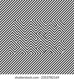 Black and white optical illusion with three letters of the ABC alphabet with stripes or lines. Abstract hypnotic geometric art. Design element