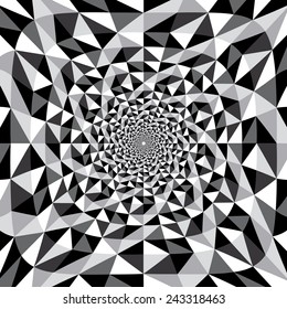 Black and white optical illusion triangle vector spiral background, texture 