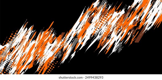 black, white, and orange abstract background with grunge halftone brush strokes