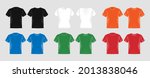 Black, white, orange, blue, green, red male t-shirt realistic mockup set from front and back view on white background, blank textile print design template for fashion apparel 