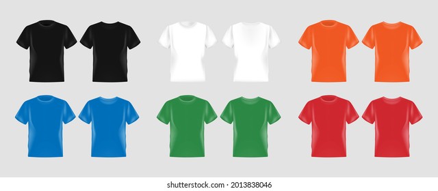 Black, white, orange, blue, green, red male t-shirt realistic mockup set from front and back view on white background, blank textile print design template for fashion apparel 