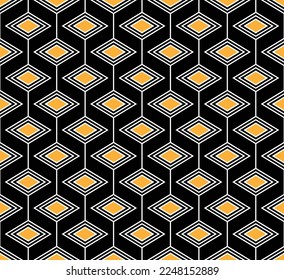 Black, white and orange maze diamond pattern on black background. Colorful seamless interlocking circle pattern on black backdrop.
