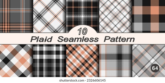 Black, white and orange set vector seamless check plaids pattern. Straight and oblique scottish fashion texture. Checkered background. Of printing on fabric, shirt, textile, curtain, tablecloth