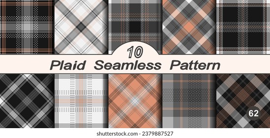 Black, white and orange set vector seamless check plaids pattern. Straight and oblique scottish fashion texture. Checkered background. Of printing on fabric, shirt, textile, curtain, tablecloth