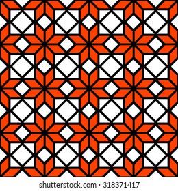 Black white and orange simple star shape geometric seamless pattern, vector