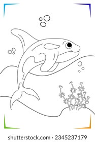 Black and white Orca Coloring page for kids. Marine underwater inhabitants vector illustration. Printable for kids. Worksheet for children. Coloring book Black outlines sea life.