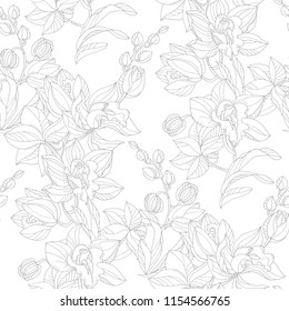 Black and white orchid floral seamless pattern. Decorative topical flower repeatable motif for fabric, background, surface design. Stock vector illustration. 
