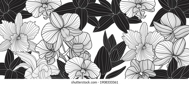 Black and white orchids floral background vector. luxury botanical design wallpaper. vector illustration.