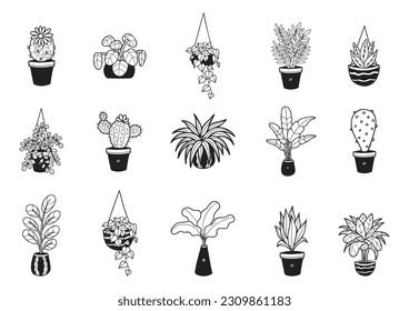 black and white organic houseplants elements collection