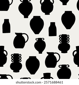 Black and White Organic Pottery Ceramic Vases Seamless Pattern. Various Handmade Decorative Vases Wallpaper. Vector Graphic Repeat Contemporary Background. Simple Surface Design for Print Art