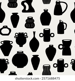 Black and White Organic Pottery Ceramic Seamless Pattern. Various Handmade Decorative Vases Wallpaper. Vector Graphic Repeat Contemporary Background. Simple Surface Design for Print Art