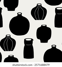 Black and White Organic Pottery Ceramic Simple Utensil Seamless Pattern. Various Handmade Decorative Vases Wallpaper. Vector Graphic Repeat Contemporary Background. Simple Surface Design for Print Art