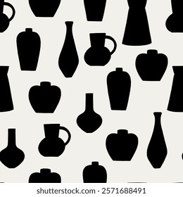 Black and White Organic Pottery Ceramic Minimalist Vases Seamless Pattern. Various Handmade Decorative Vases Wallpaper. Vector Graphic Repeat Contemporary Background. Simple Surface Design for Print