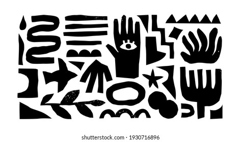 Black and white organic shape doodle collection. Funny basic shapes, random childish doodle cutouts of tropical leaf, hand and decorative abstract art on isolated background.