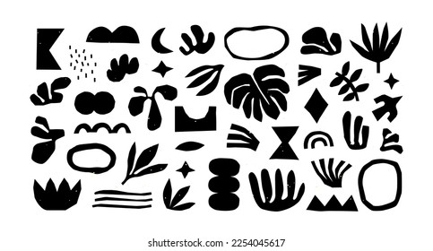 Black and white organic shape doodle collection. Funny basic shapes, random childish doodle cutouts of tropical leaf, hand and decorative abstract art on isolated background.