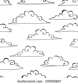 Black and white oriental decorative clouds in the sky seamless pattern, vector
