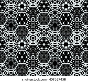 Black and white oriental seamless patchwork pattern. Hexagonal ceramic tile.  Vector image. 