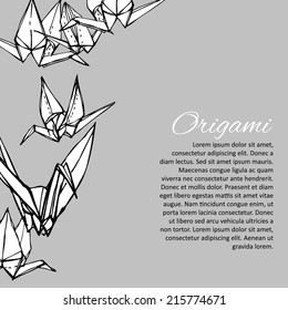 Black and white origami crane illustration.