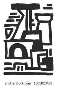 Black and white original abstract geometric composition made with ink brush. Conceptual illustration of map, city, network, circuit