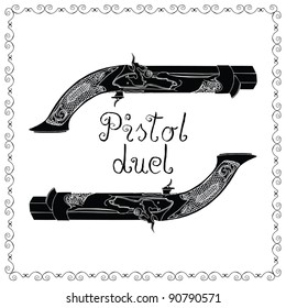 Black and white original drawing of antique pistols.