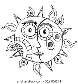 black and white original drawing of Sun and Moon